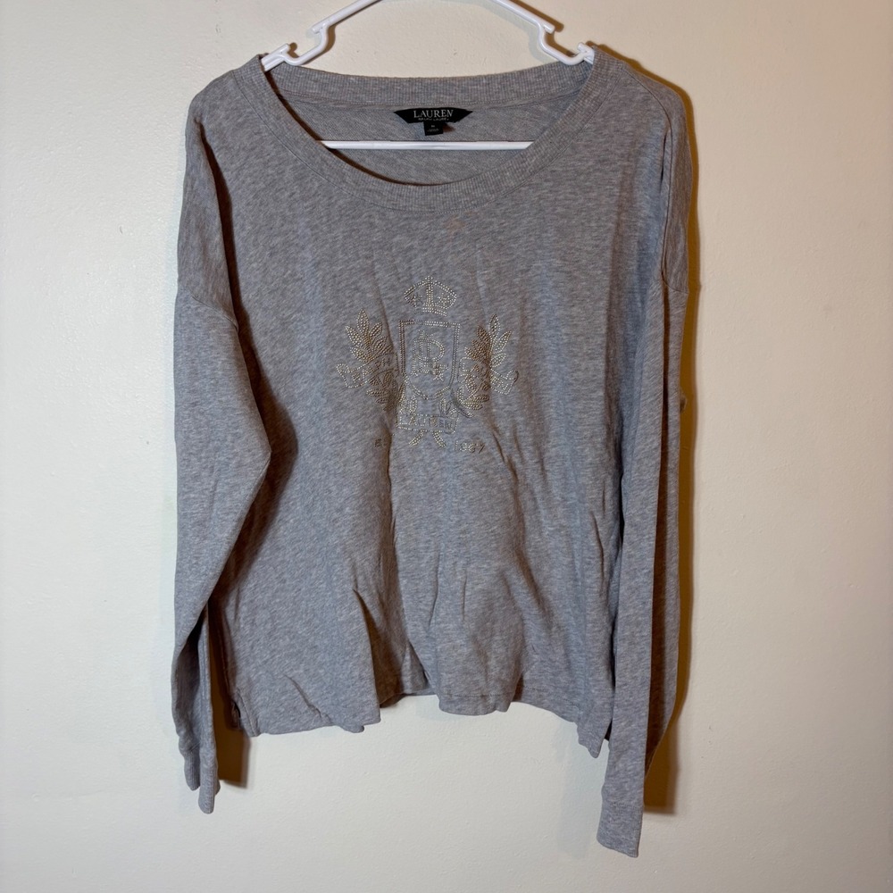 Lauren Ralph Lauren Embellished‎ Sweatshirt Gray Long Sleeve Size Medium
